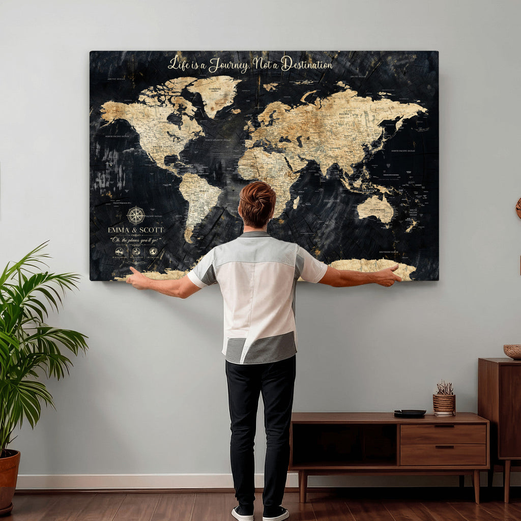 Personalized Framed Beige Push Pin World Map Wall Art, Bucket List Map, Living Room and Dining Room Decor