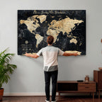 Personalized Framed Beige Push Pin World Map Wall Art, Bucket List Map, Living Room and Dining Room Decor