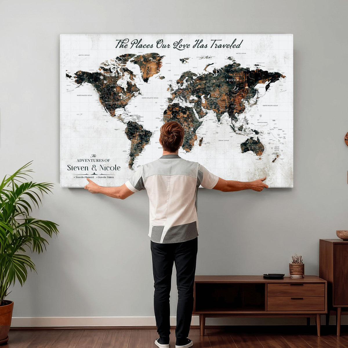Custom Navy Geometric Push Pin World Map Canvas Print, Bucket List Map, Living Room and Home Office Decor