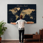 Personalized Navy Geometric World Map Canvas with Push Pins, Honeymoon and Anniversary Gift, Home Office and Hallway Decor