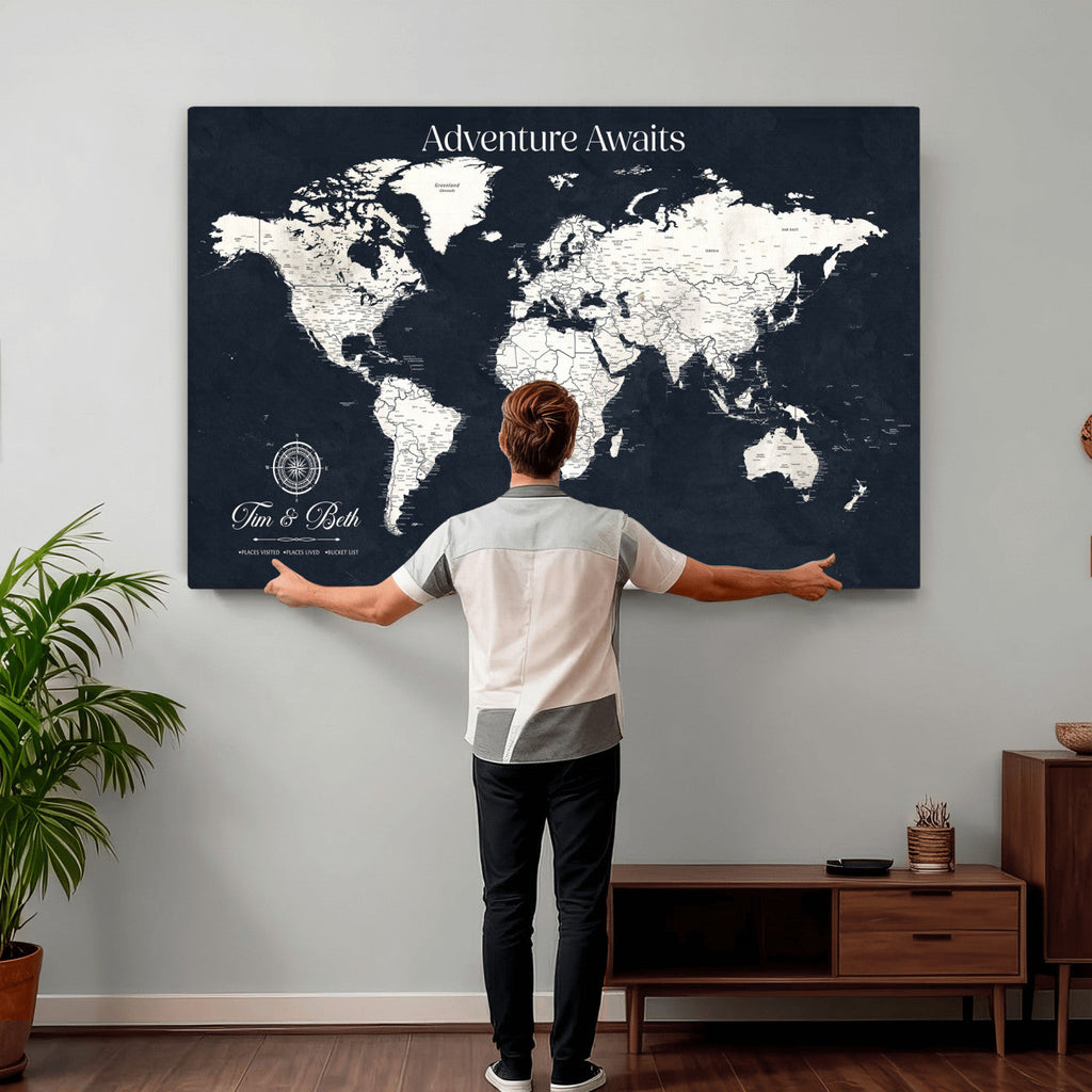 Custom World Map Wall Art Canvas Print | Personalized Push Pin Travel Tracker