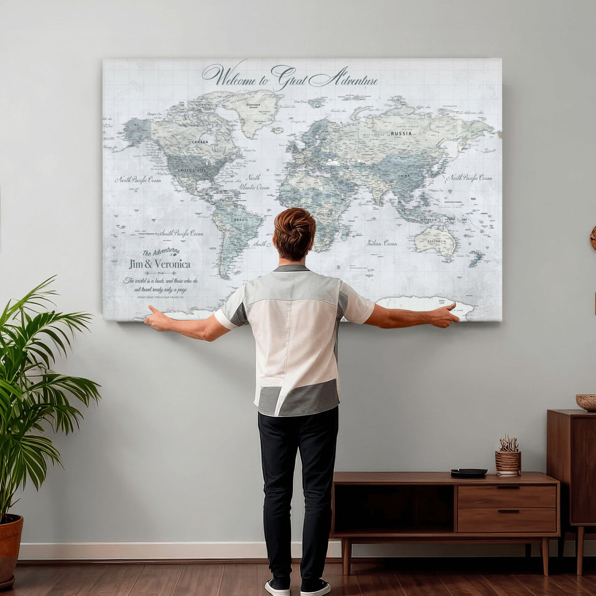 Personalized Beige Antique Push Pin World Map Canvas Print, Family Travel Tracker, Family Room and Entryway Decor