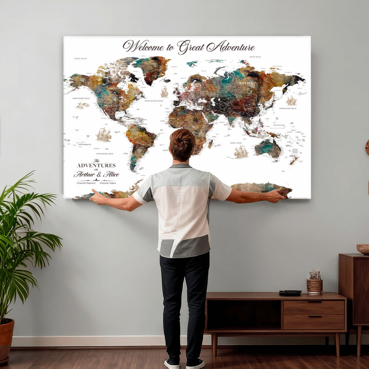 Custom Framed Beige Modern Push Pin World Map Wall Art, Couples Countries Visited Map, Study and Entryway Decor