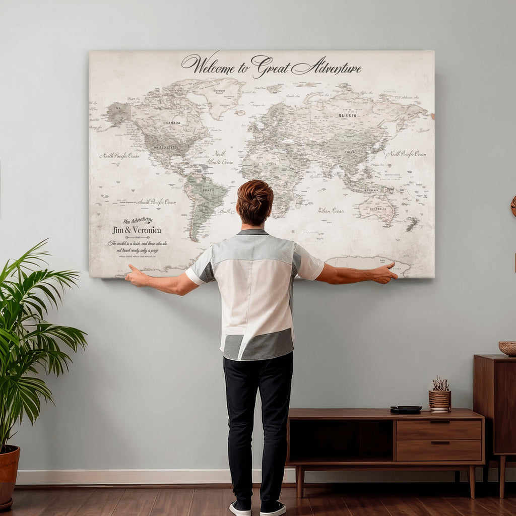 Personalized Beige World Map Canvas with Push Pins, Places Visited Tracker, Family Room and Entryway Decor