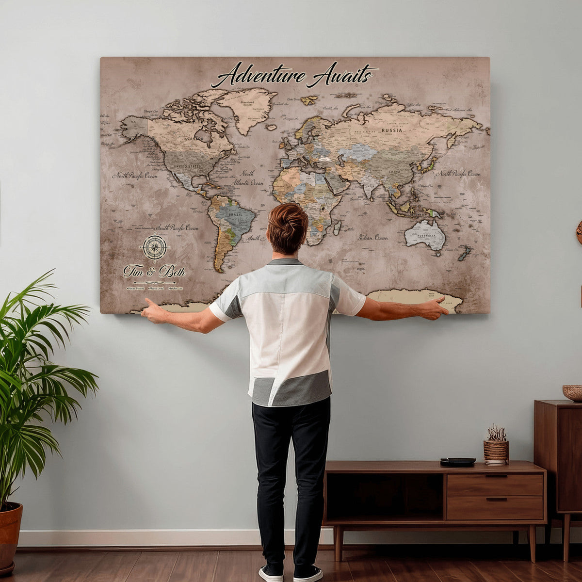 Custom Push Pin World Map Wall Art Canvas Print | Personalized Travel Tracker