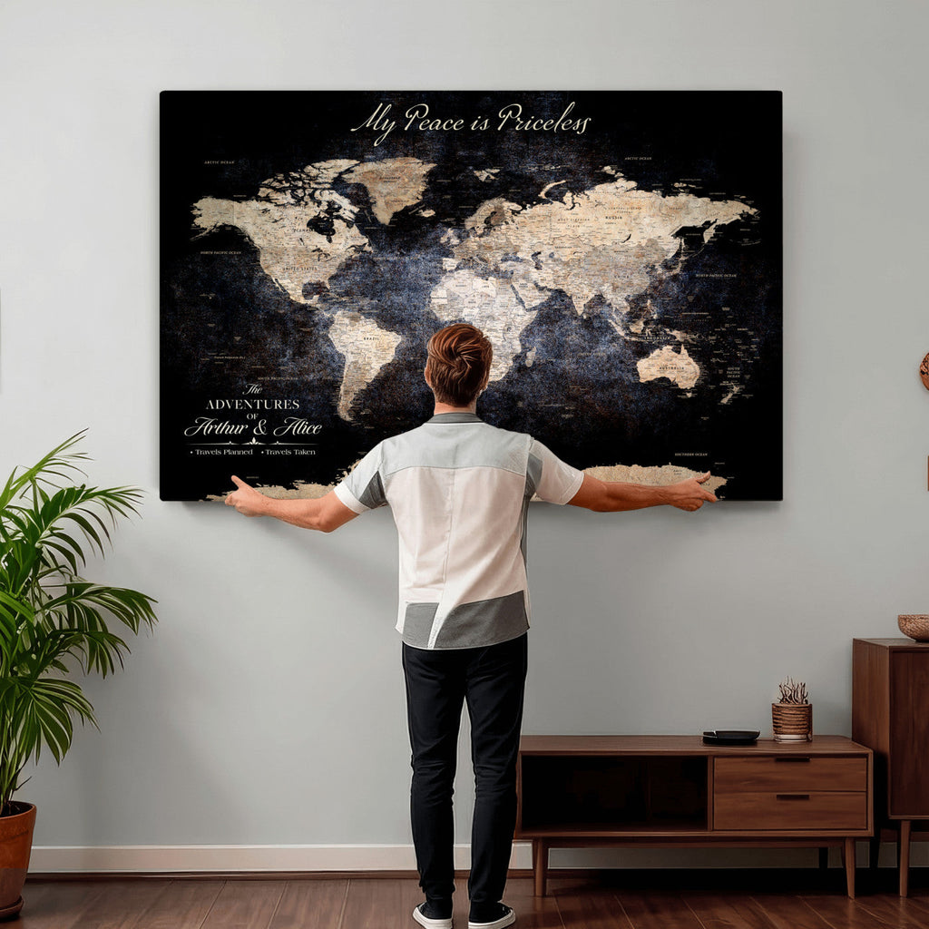 Personalized Beige World Map Canvas with Push Pins, Couples Countries Visited Map, Study and Hallway Decor