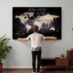 Personalized Beige World Map Canvas with Push Pins, Couples Countries Visited Map, Study and Hallway Decor