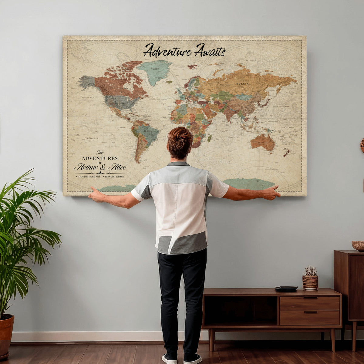Custom Beige Push Pin World Map Canvas Print, Next Trip Planner Map, Family Room and Study Decor