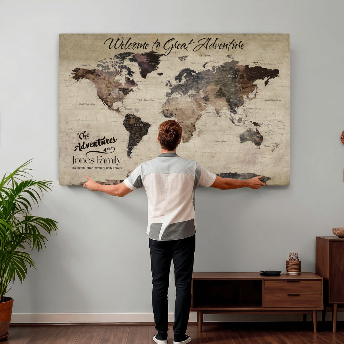 Custom Beige Modern Push Pin World Map Wall Art, Honeymoon and Anniversary Gift, Dining Room and Study Decor
