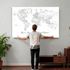 Personalized Framed Beige Modern Push Pin Travel Map Canvas Print, Couples Countries Visited Map, Living Room and Family Room Decor