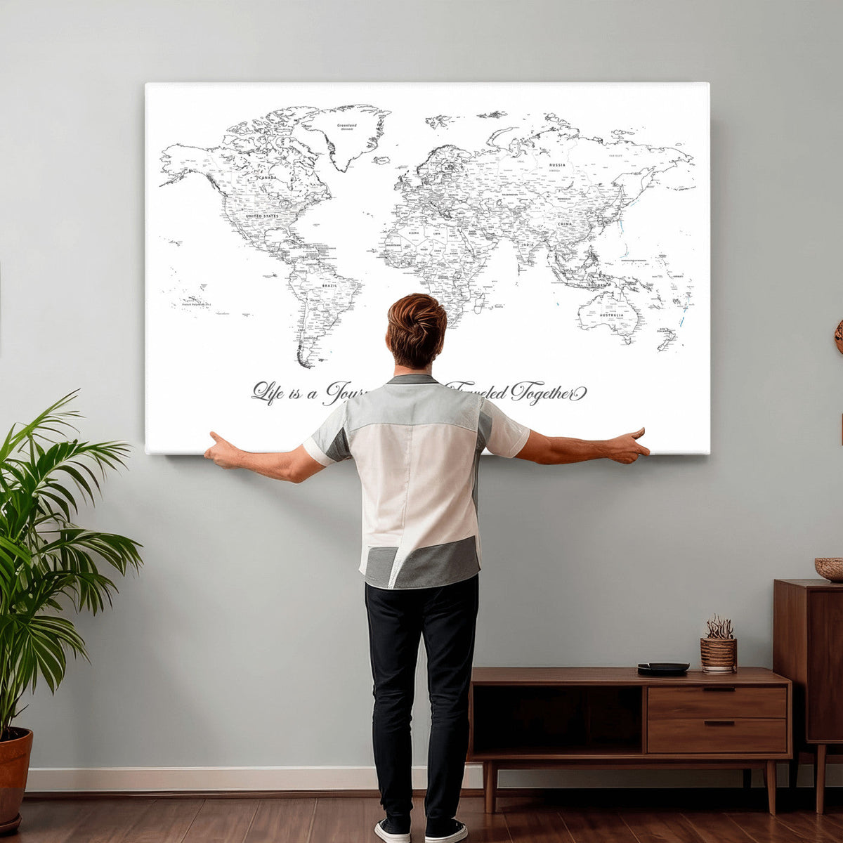 Personalized Framed Beige Modern Push Pin Travel Map Canvas Print, Couples Countries Visited Map, Living Room and Family Room Decor