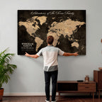 Personalized Framed Beige Geometric Push Pin Travel Map Canvas Print, Honeymoon and Anniversary Gift, Dining Room and Hallway Decor