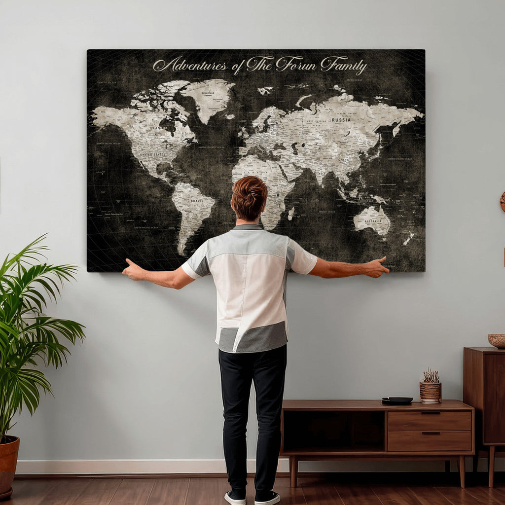 Personalized Framed Beige Push Pin World Map Canvas Print, Couples Countries Visited Map, Dining Room and Study Decor