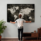 Personalized Framed Beige Push Pin World Map Canvas Print, Couples Countries Visited Map, Dining Room and Study Decor