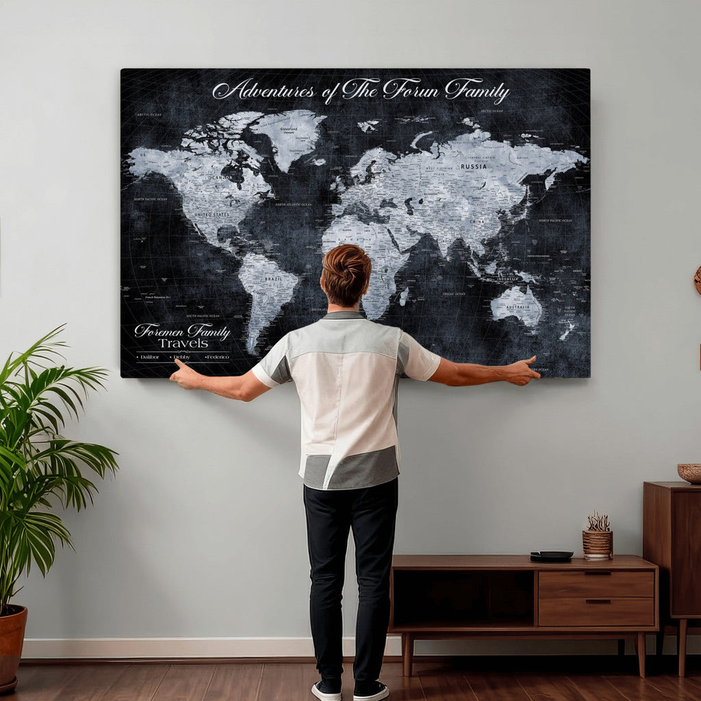 Personalized Framed Beige Modern Push Pin World Map Wall Art, Places Visited Tracker, Family Room and Dining Room Decor