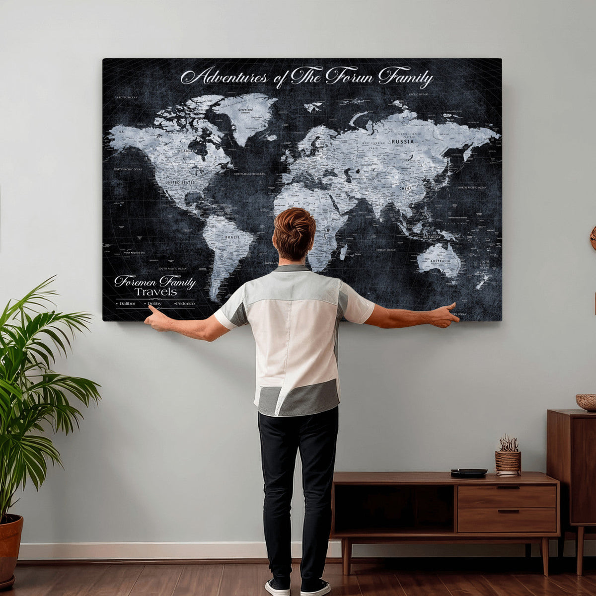 Personalized Framed Beige Modern Push Pin World Map Wall Art, Places Visited Tracker, Family Room and Dining Room Decor