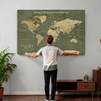 Personalized Framed Beige Geometric Push Pin World Map Canvas Print, Honeymoon and Anniversary Gift, Dining Room and Bedroom Decor