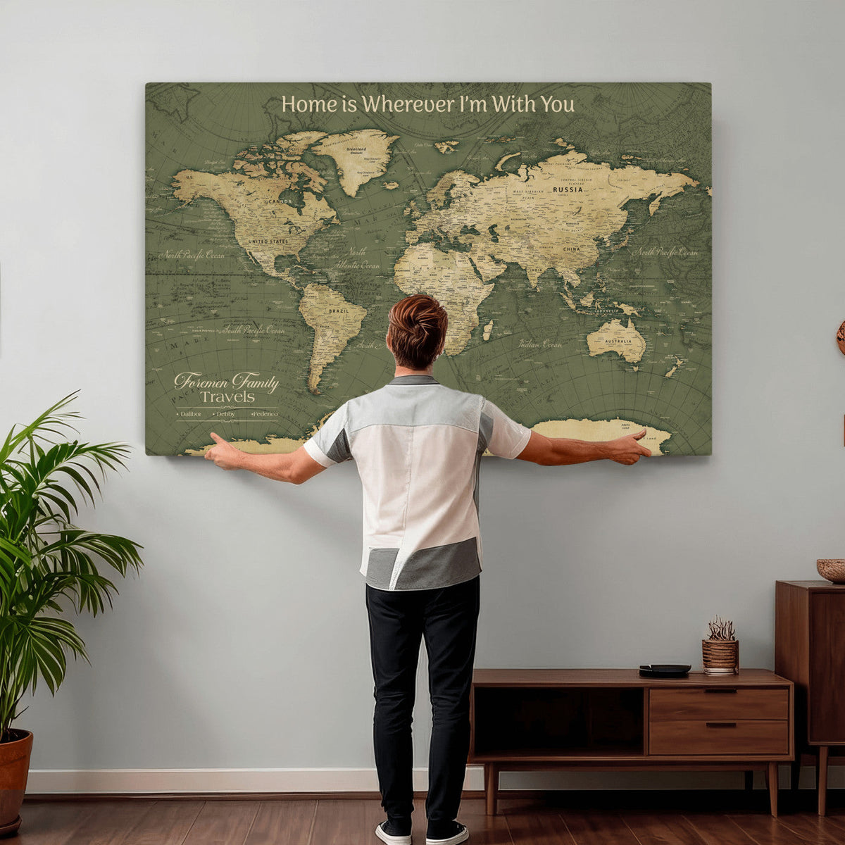 Personalized Framed Beige Geometric Push Pin World Map Canvas Print, Honeymoon and Anniversary Gift, Dining Room and Bedroom Decor