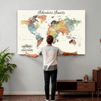 Custom Beige World Map Canvas with Push Pins, Honeymoon and Anniversary Gift, Dining Room and Entryway Decor