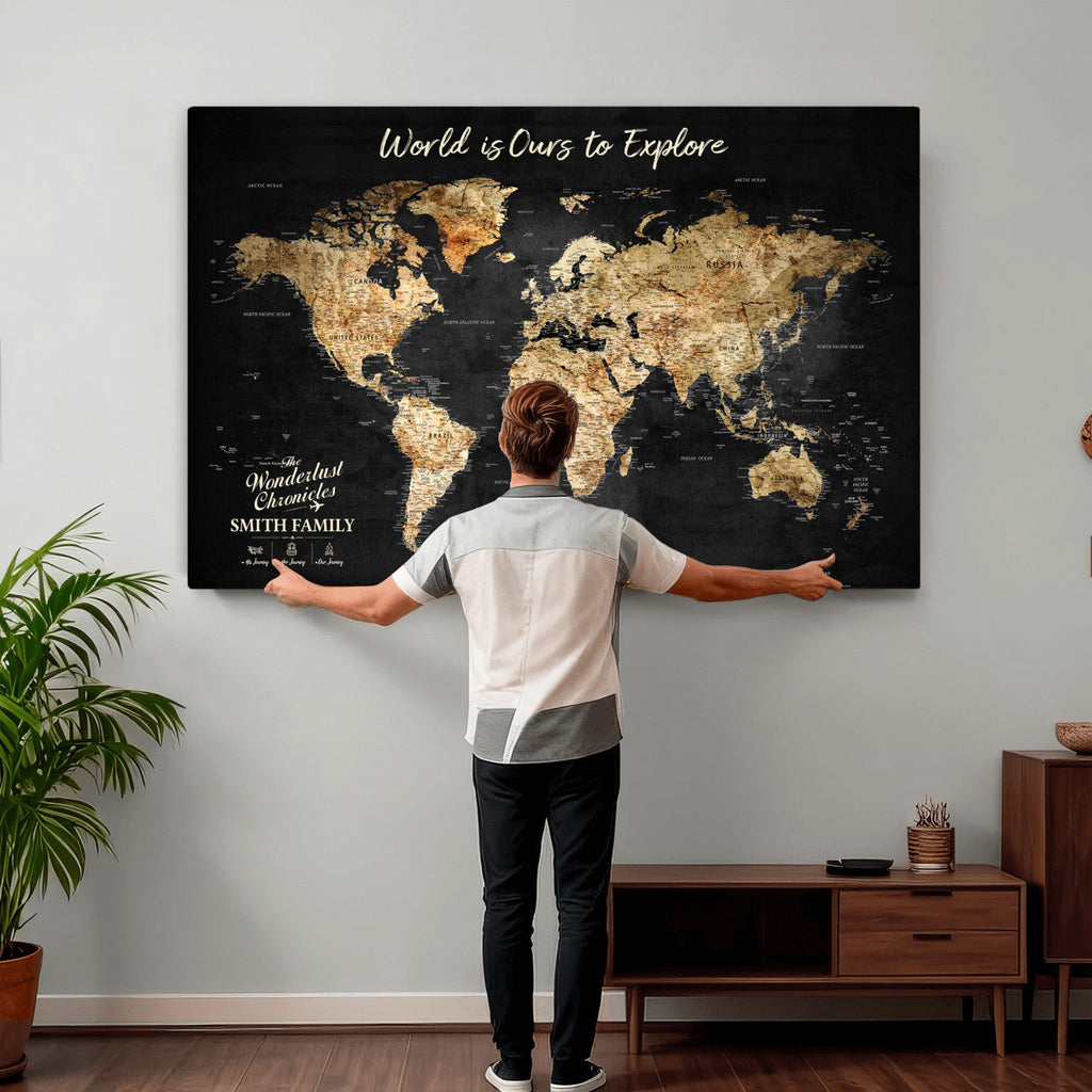 Personalized Framed Black Beige Modern World Travel Map Wall Art with Pins, Bucket List Map, Living Room and Hallway Decor