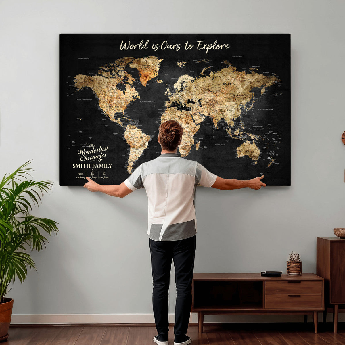 Personalized Framed Black Beige Modern World Travel Map Wall Art with Pins, Bucket List Map, Living Room and Hallway Decor