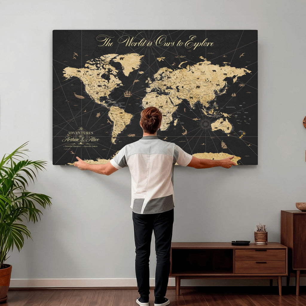 Custom Push Pin World Map Canvas Print, Couples Countries Visited Map, Living Room and Home Office Decor