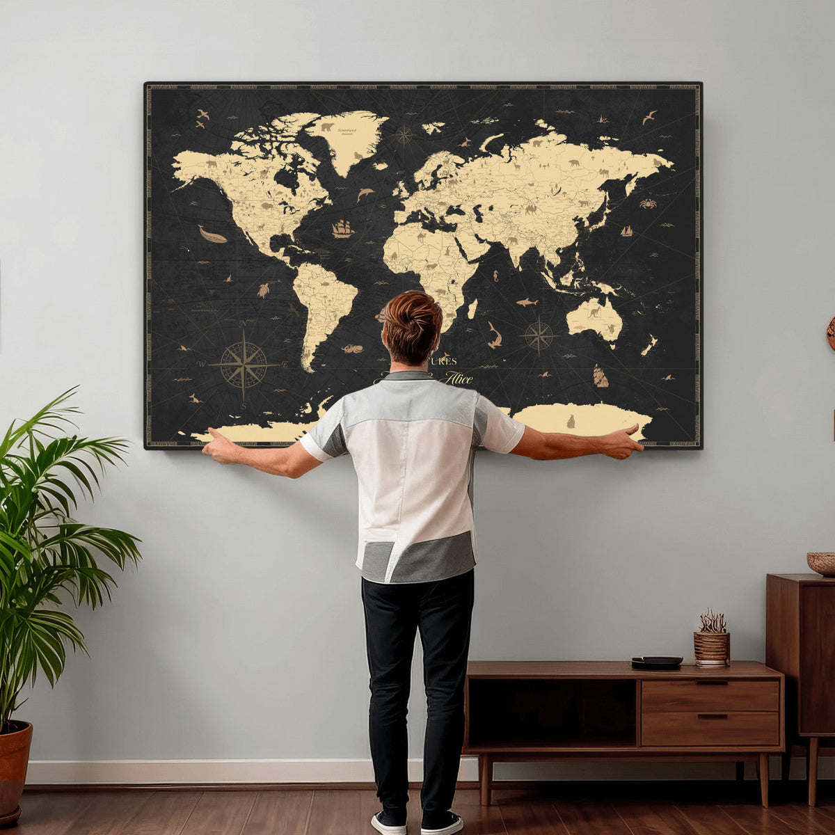 Personalized Beige Push Pin World Map Canvas Print, Places Visited Tracker, Home Office and Study Decor