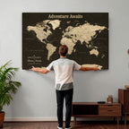 Custom Beige Push Pin World Map Wall Art, Next Trip Planner Map, Living Room and Home Office Decor