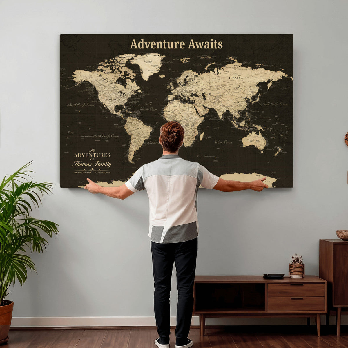 Custom Beige Push Pin World Map Wall Art, Next Trip Planner Map, Living Room and Home Office Decor