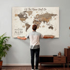 Custom Beige World Travel Map Wall Art with Pins, Couples Countries Visited Map, Living Room and Study Decor