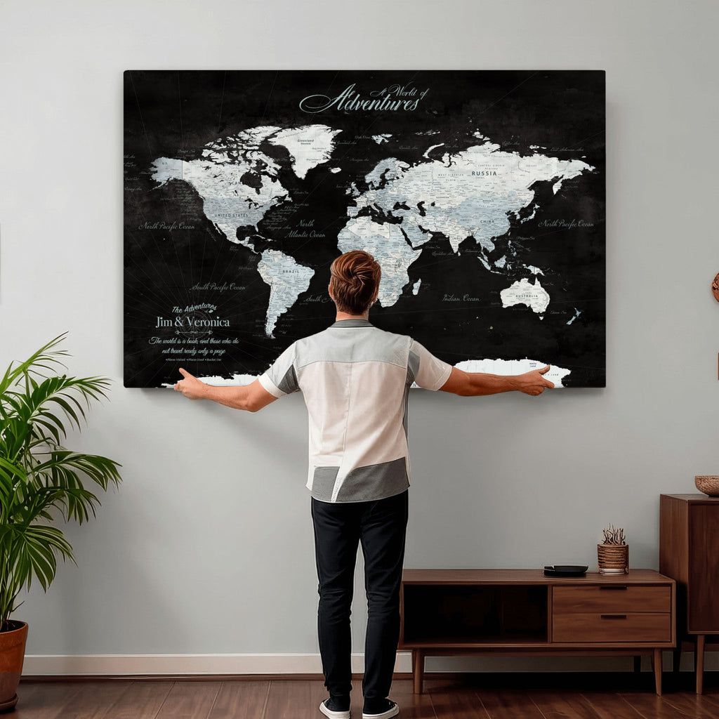 Custom Beige World Travel Map Wall Art with Pins, Places Visited Tracker, Bedroom and Home Office Decor
