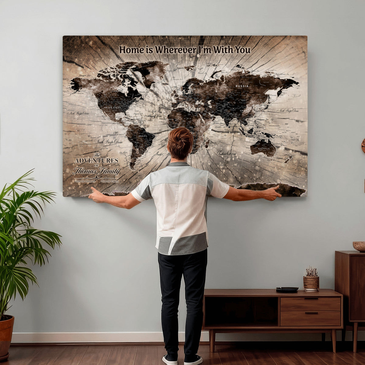Personalized Push Pin World Map Wall Art Canvas Print, Customizable Framed Travel Map - NEWMAP-085