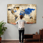 Personalized Framed Beige World Map Canvas with Push Pins, Honeymoon and Anniversary Gift, Living Room and Home Office Decor