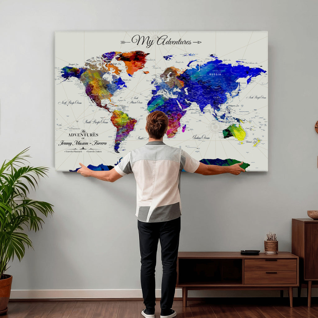 Detailed Custom Framed Beige Modern World Map Canvas with Push Pins, Honeymoon and Anniversary Gift, Dining Room and Home Office Decor