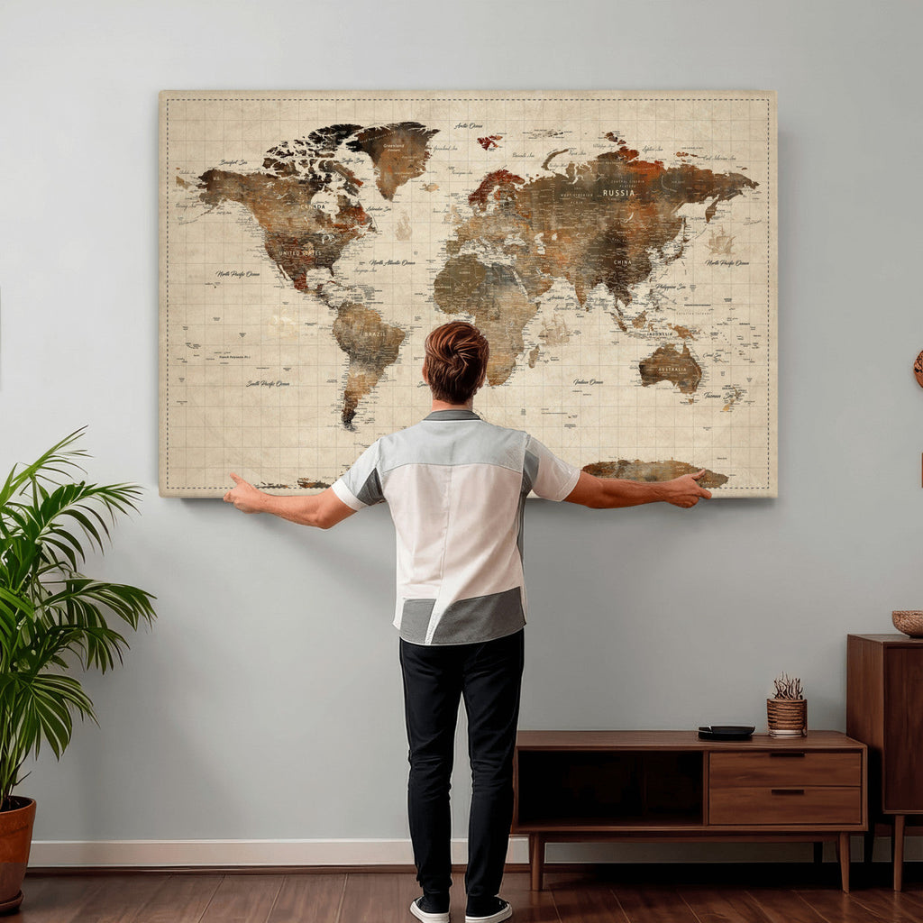 Vintage World Map Wall Art Canvas Print for Living Room, Office and Study