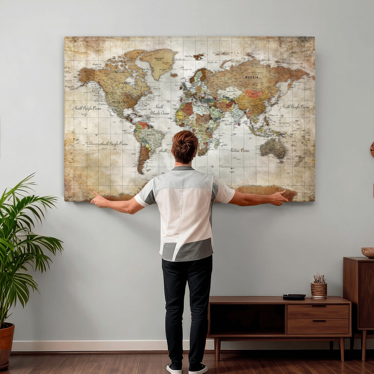 Custom Framed Modern Push Pin World Map Wall Art, Places Visited Tracker, Home Office and Entryway Decor