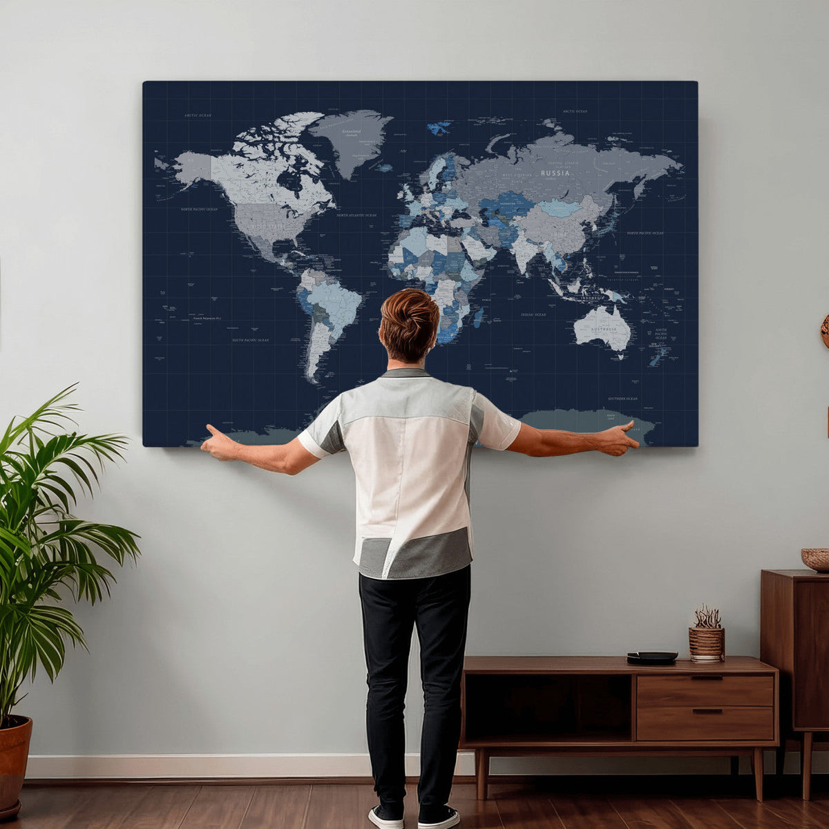 Blue Detailed World Map Wall Art Canvas Print | Modern Framed Map