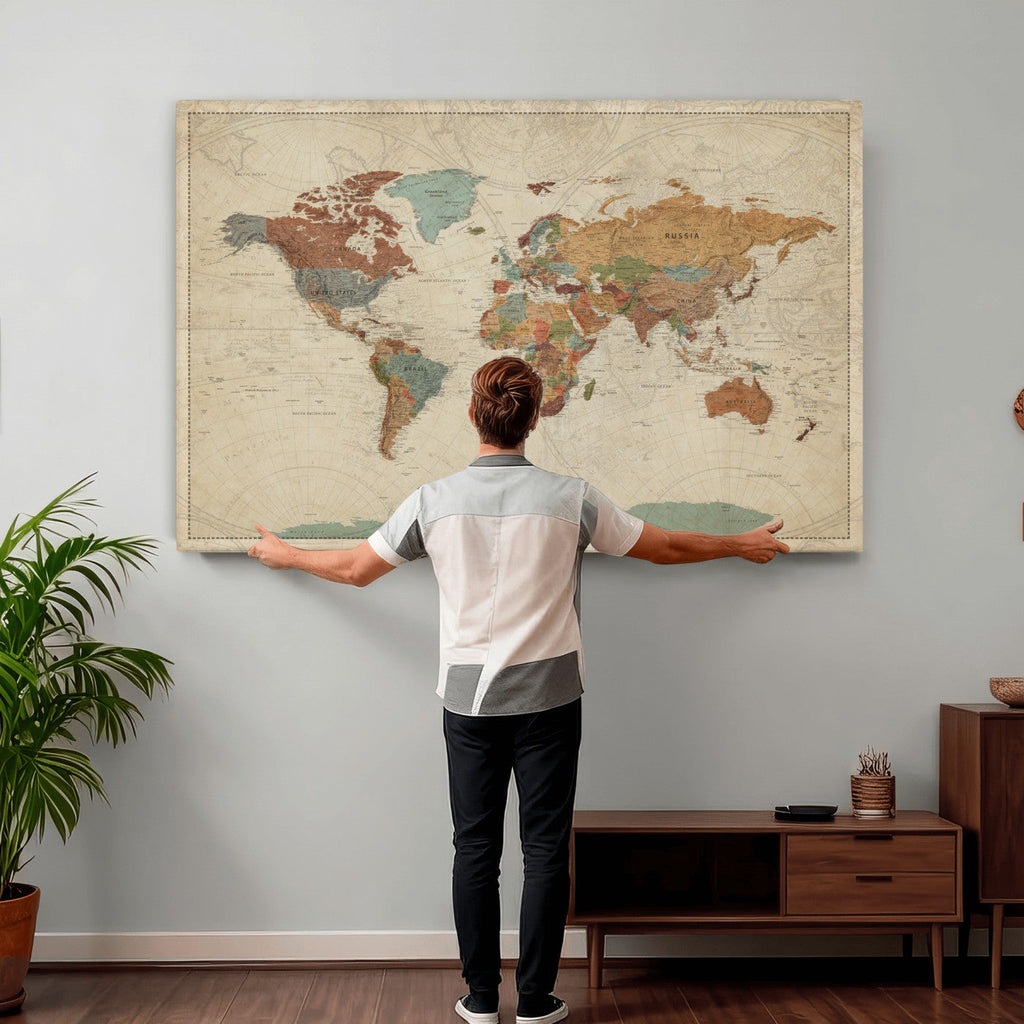 Vintage World Map Canvas Wall Art Print | Framed Modern World Map
