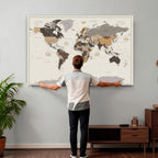 Custom Beige Modern Push Pin World Map Canvas Print, Places Visited Tracker, Bedroom and Study Decor