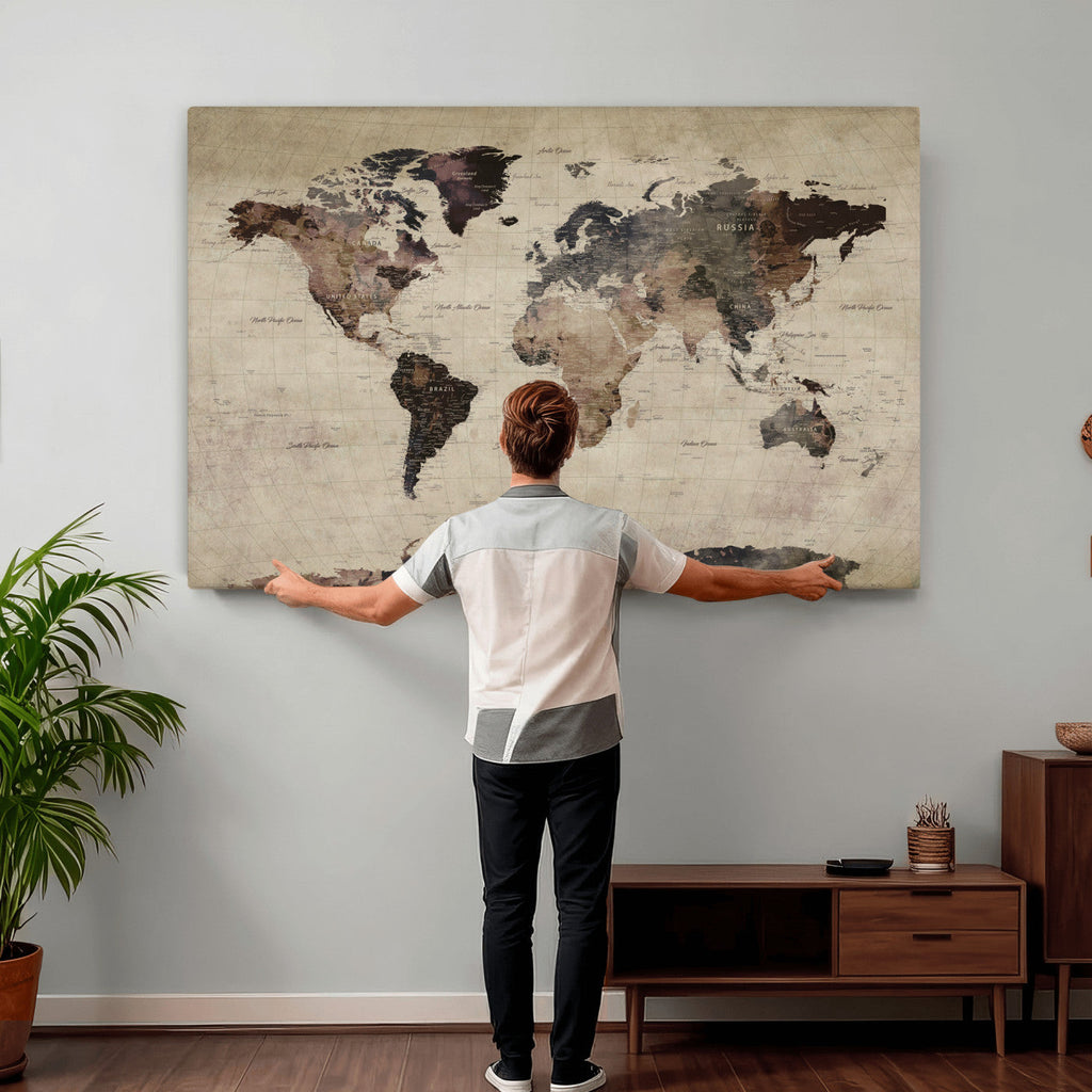 World Map Canvas Print, Detailed Map of the World, Adventure Gift for Couples and Anniversaries