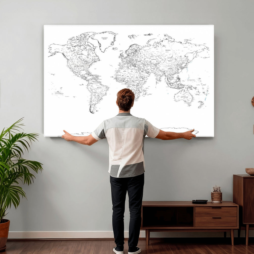 World Map Canvas Print, Framed Modern Detailed Map of the World for Home or Office