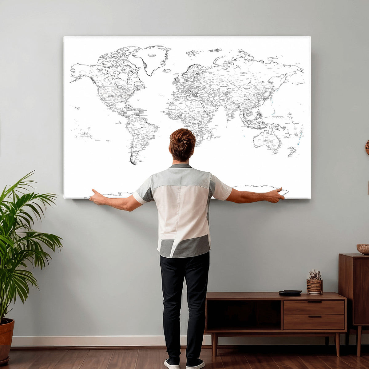 World Map Canvas Print, Framed Modern Detailed Map of the World for Home or Office