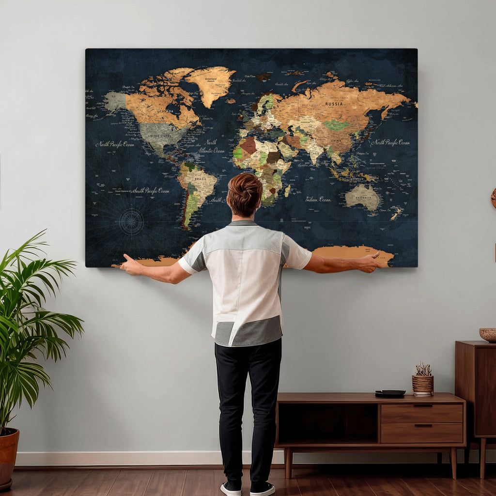 Vintage World Map Canvas Wall Art | Detailed Map with Countries, Oceans and Continents