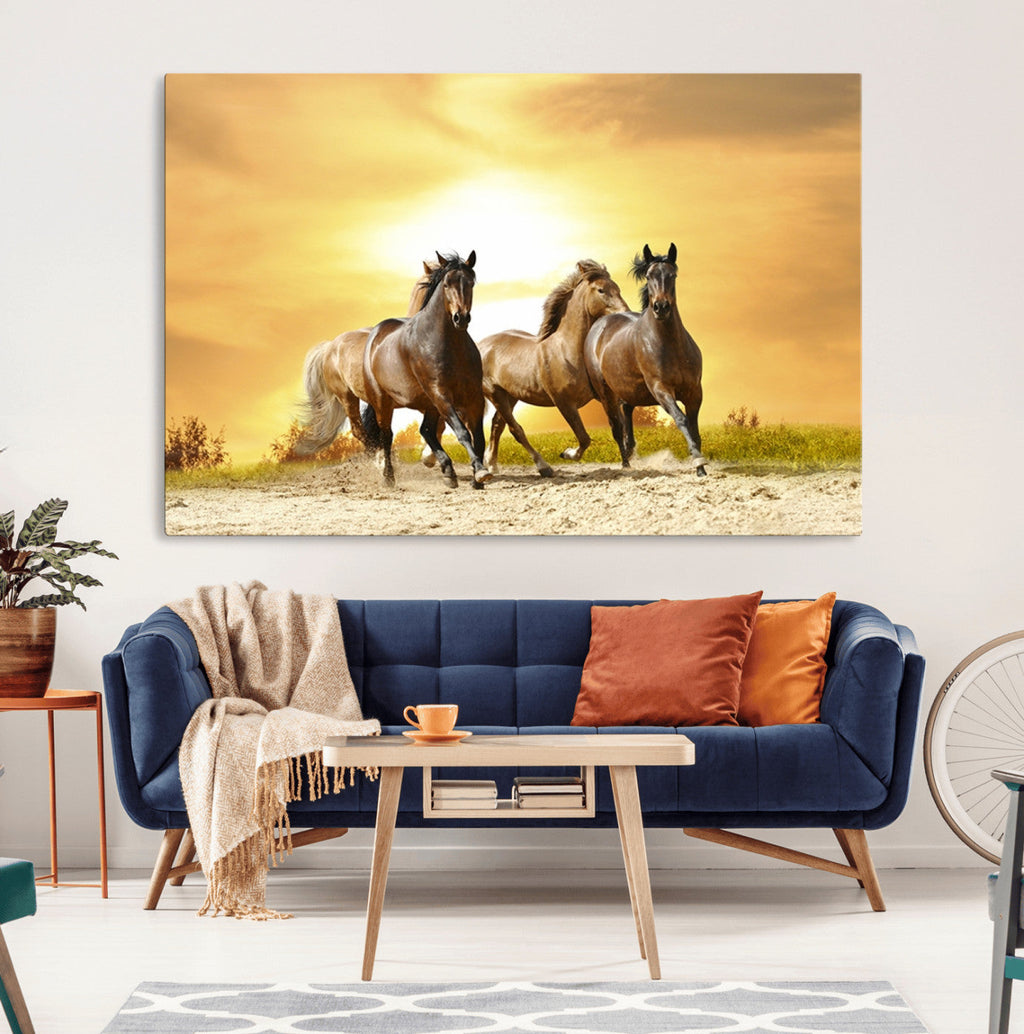 Wild Horses Wall Art Canvas Print, Framed Galloping Herd