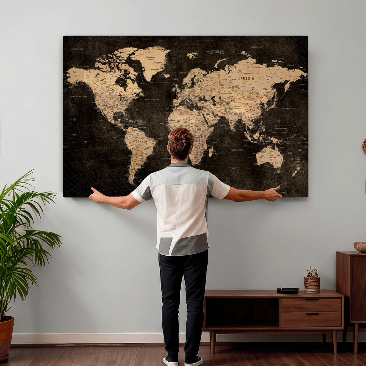 Brown World Map Canvas Print | Modern Travel Map Wall Art