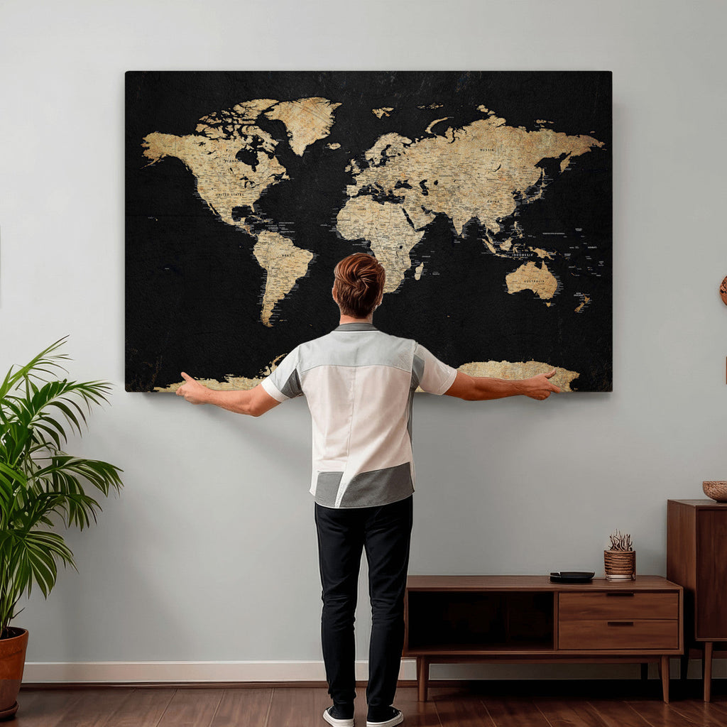 Beige World Map Canvas Wall Art Print, Minimal Black and Beige Map