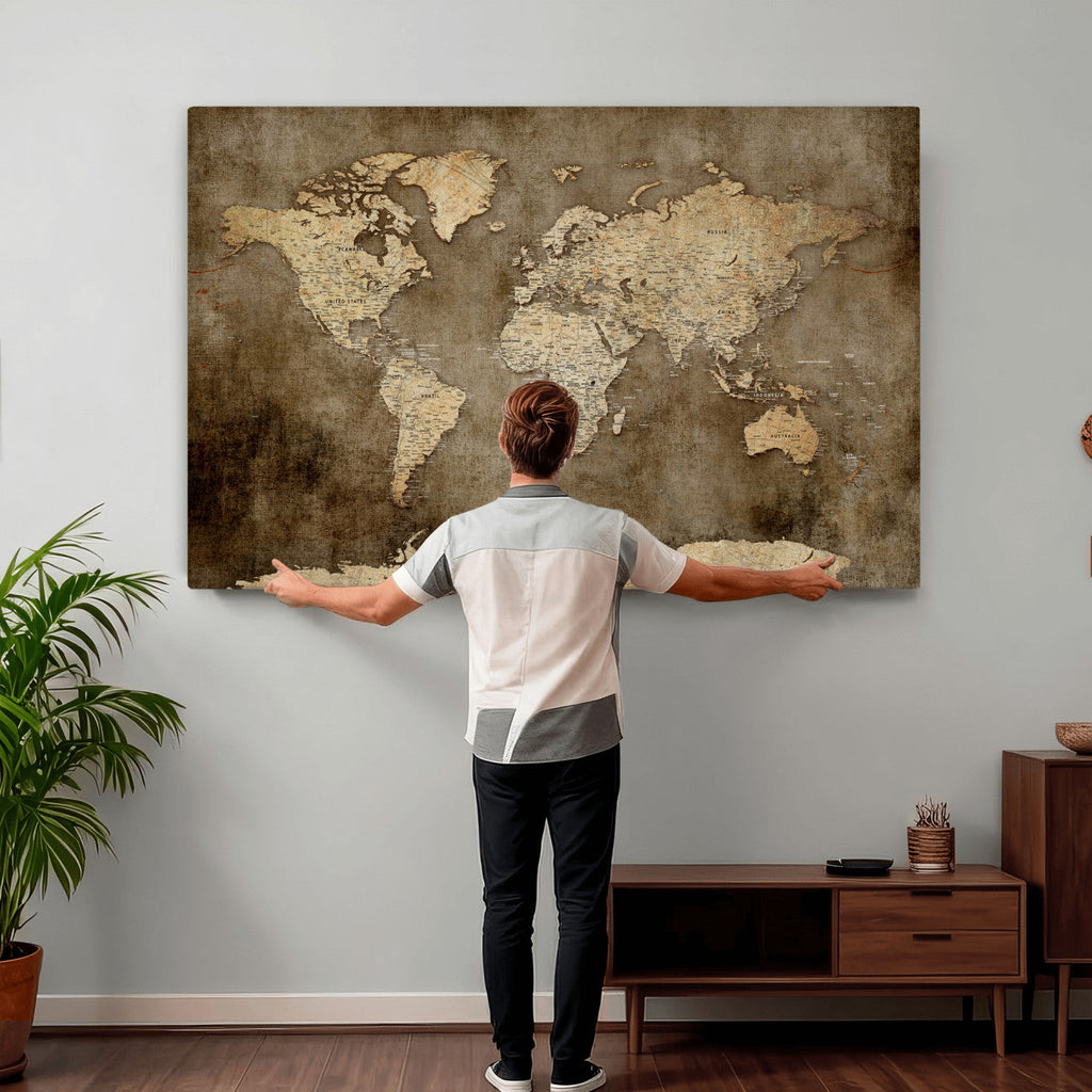 Dark Vintage World Map Canvas Wall Art Print, Antique Map Artwork