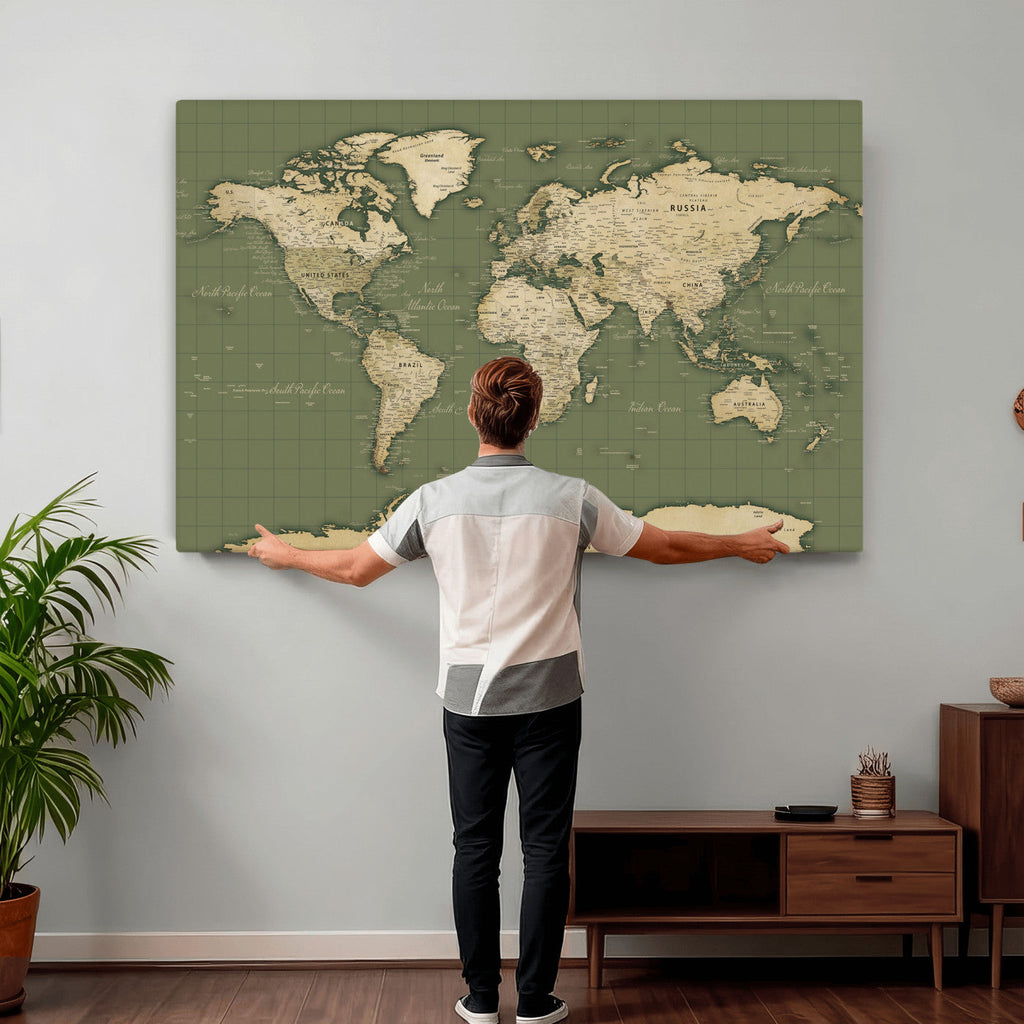 Vintage World Map Canvas Wall Art Print, Classic Global Map Artwork