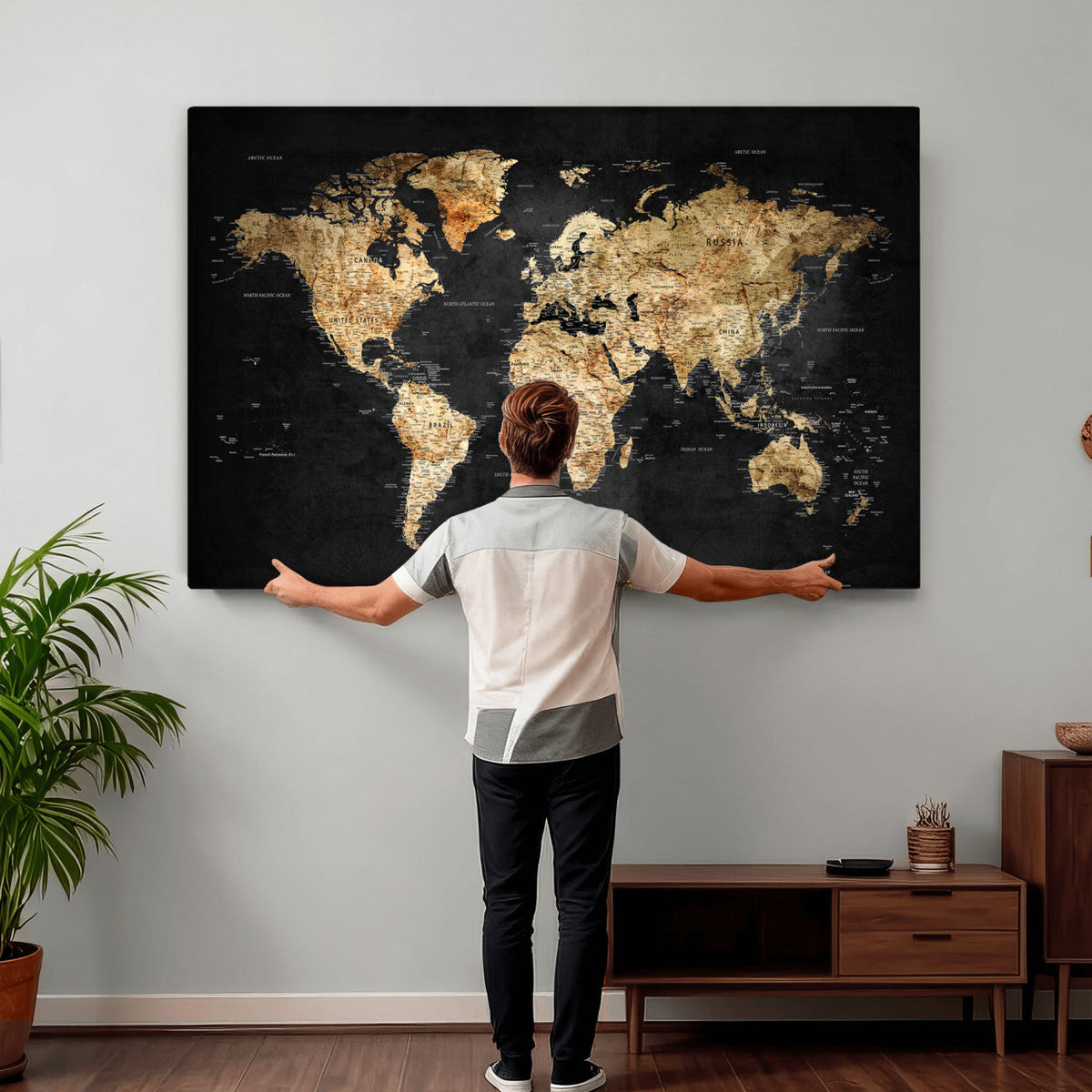 World Map Canvas Wall Art with Famous Landmarks | Framed Travel Map