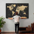 Vintage Blue and Brown World Map Canvas Wall Art | Framed Rustic Map Print